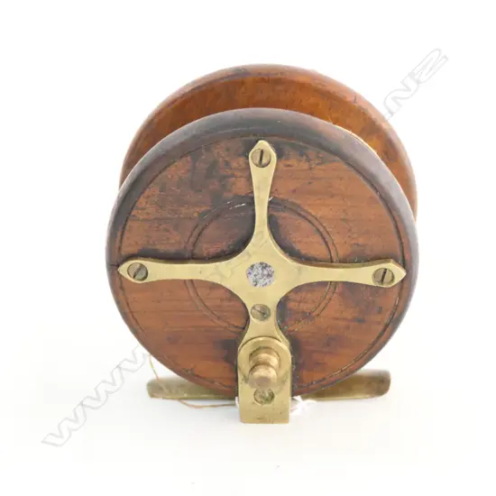 VICTORIAN WOODEN REEL, BRASS STARBACK w CHECK